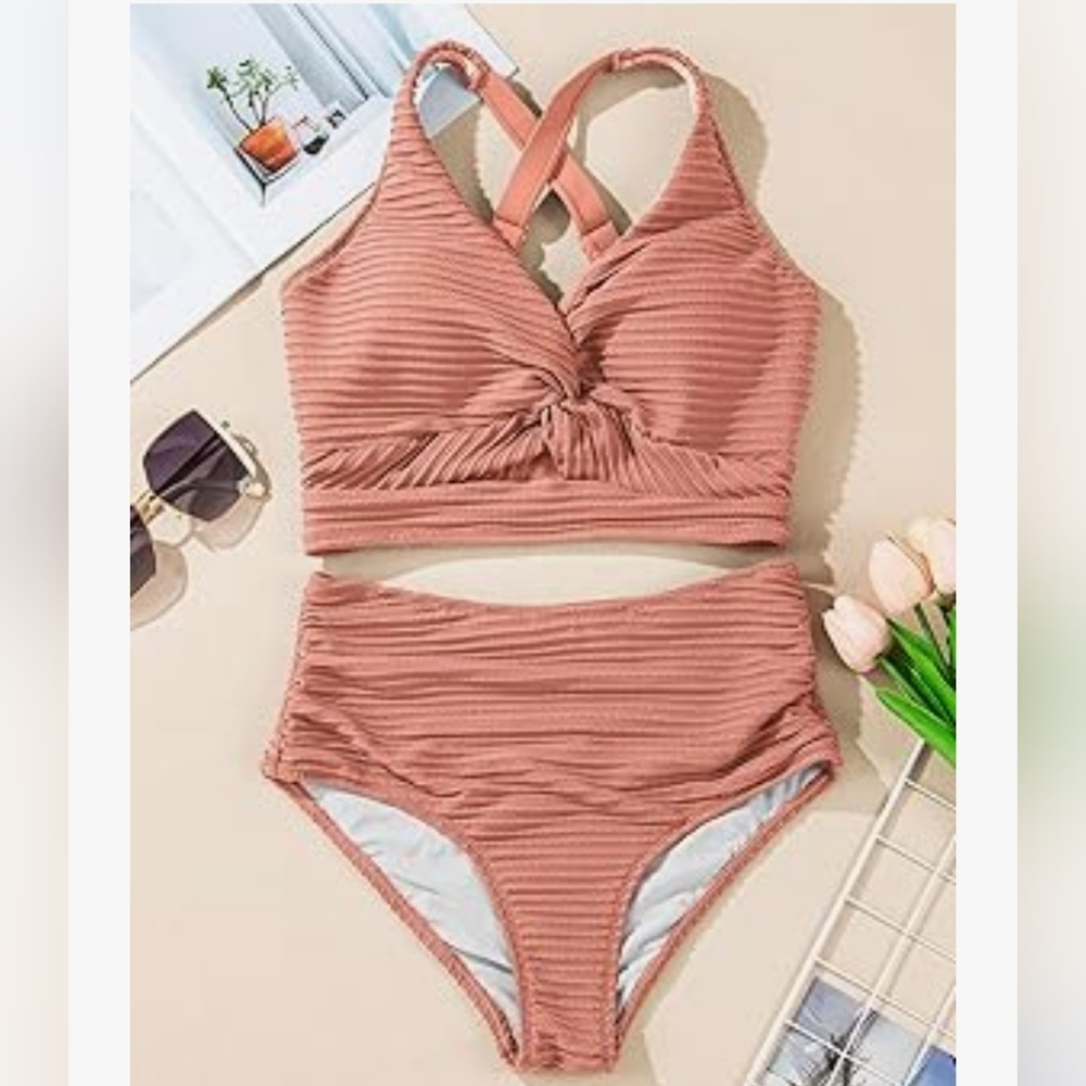 Ribbed Pink Bikini Set Size Large L - Picture 4 of 8